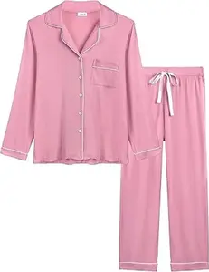 Womens Bamboo Viscose Pajama Sets Long Sleeve Button Down Cooling Sleepwear Soft Comfortable Pj Pants Set for Women