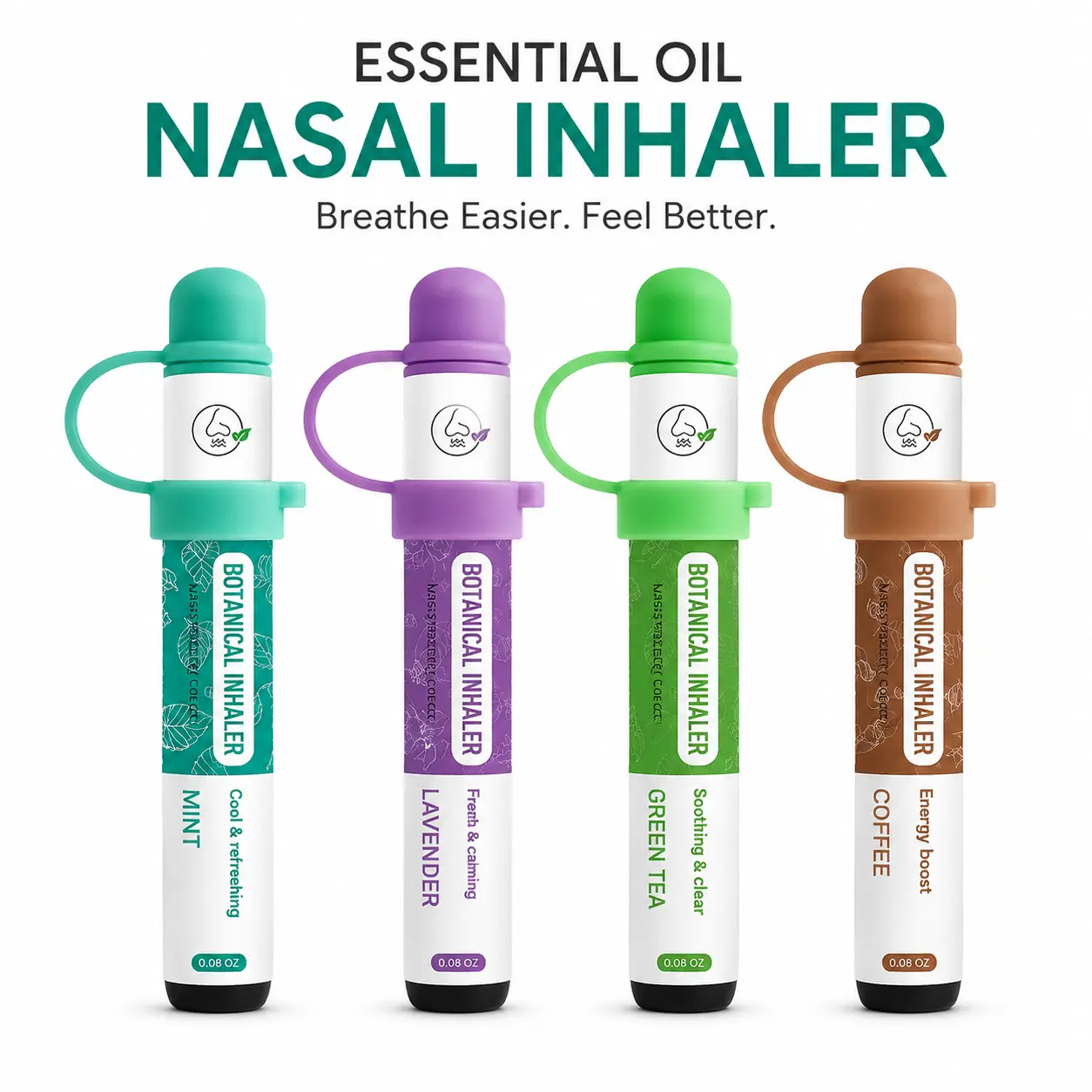 Natural Essential Oil Nasal Inhaler Stick (1 Count) - Pocket-Sized Aromatherapy Diffuser for Sinus Comfort, Quick Energy Lift, Mood Boosting with Mint, Lavender, Jasmine Herbal Scents for Travel wellness Aroma