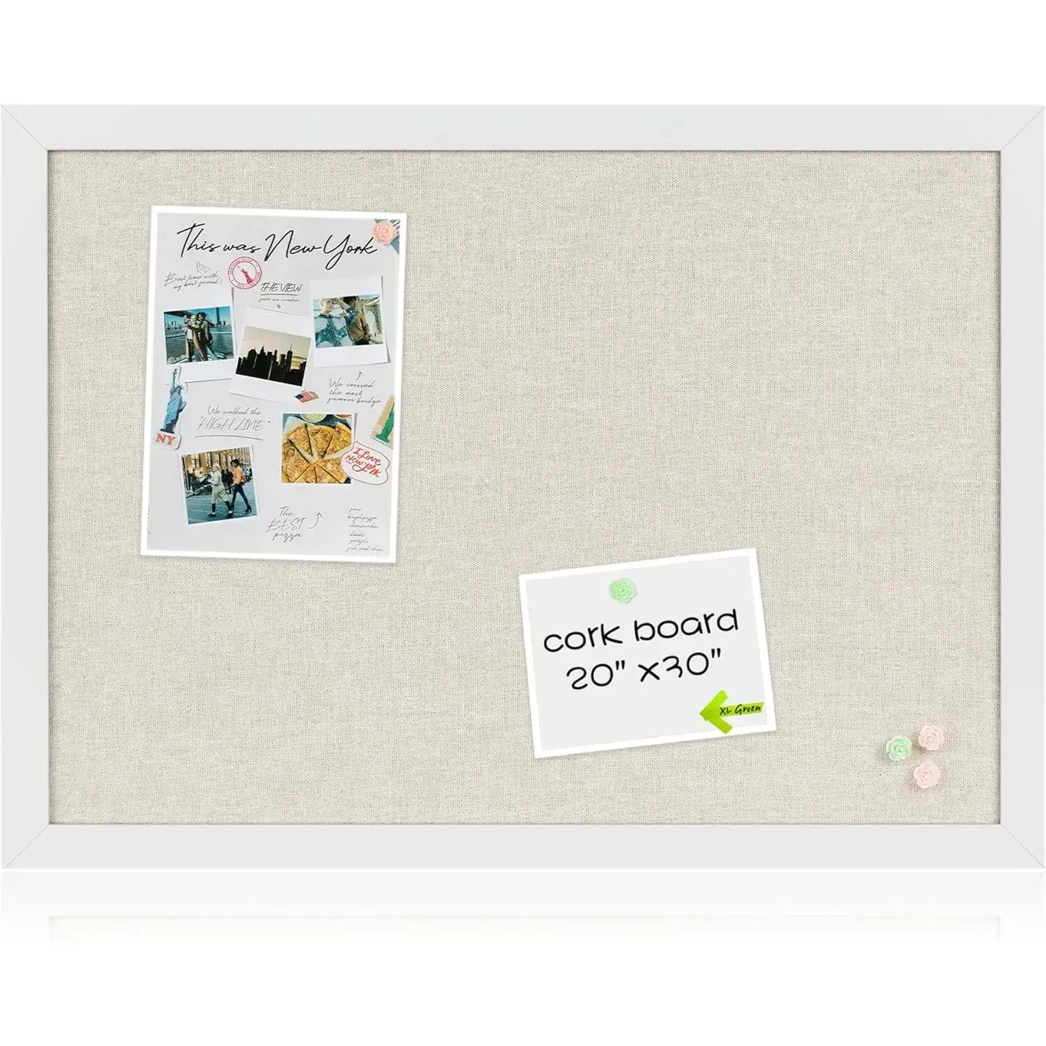 White Cork Board Bulletin Board with Linen, Wood Framed 30" x 20" Corkboard, Office Board for Wall Decor, Wall Mounted Pin Board Picture Board with 20 Pushpins for School, Home & Office
