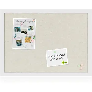 White Cork Board Bulletin Board with Linen, Wood Framed 30" x 20" Corkboard, Office Board for Wall Decor, Wall Mounted Pin Board Picture Board with 20 Pushpins for School, Home & Office