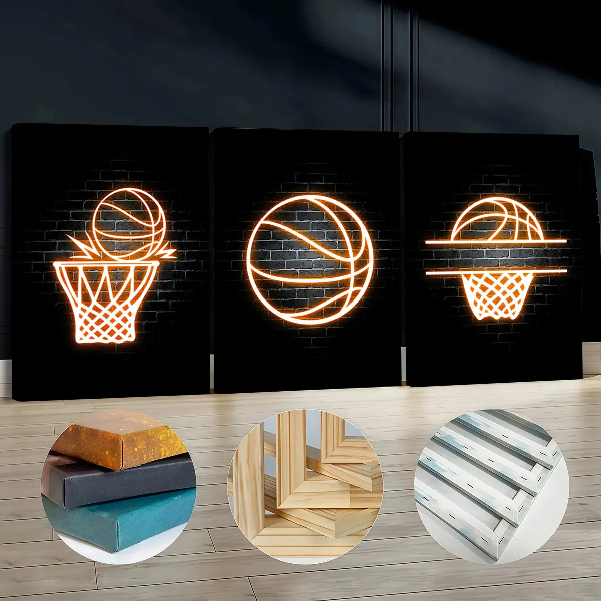 3Pcs Pine Wood Framed Fashion Graphic Canvas Print Set - Neon Basketball Hoop & Ball Sports Art, Odorless Wall Decor for Living Room, Bar