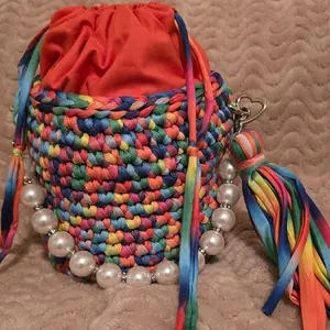Women's Multicolor Barrel Crochet Shoulder Clutch Bag with Pearl Handle, Tassel Accents, Chic, Casual, Elegant Stylish Functional Accessories