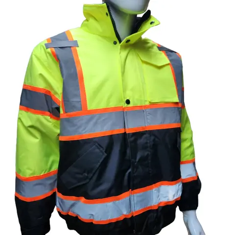 NEW High Visibility Reflective Yellow bomber safety rain jacket with sherpa insulation / water resistant bluerain jacket (see sizing information on description)
