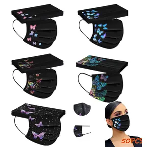 50 Pack Black Disposable Face Masks for Adults, Butterfly Printed 3 Ply Breathable Earloop Protective Face Masks, Soft Comfortable Full Face Protection Masks for Men Women Daily Use