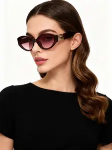 Retro Burgundy Oval Frame Sunglasses with Letter Decoration, Uv400 Protection Casual Fashion Eyewear for All Seasons, Trendy Vintage Sunglasses