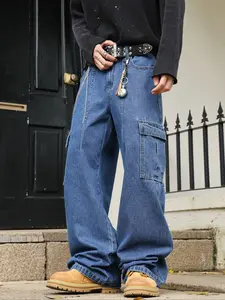 Men's Deep Blue Utility Workwear Jeans, Loose Wide Leg Style, American Vintage Fashion, All-Season Comfortable Denim Jeans