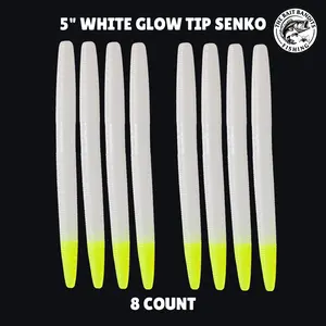 The Bait Bandits Pearl White/Chartrues Glow Tail 5” Senko 8-Count Glow in the Dark Fishing Lures High Visibility for Bass in Low Light