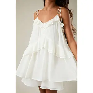 Women's White Spaghetti Strap Romper Dress - Flowy Tiered Ruffle Chiffon Short Jumpsuit for Summer Beach Vacation Casual Party