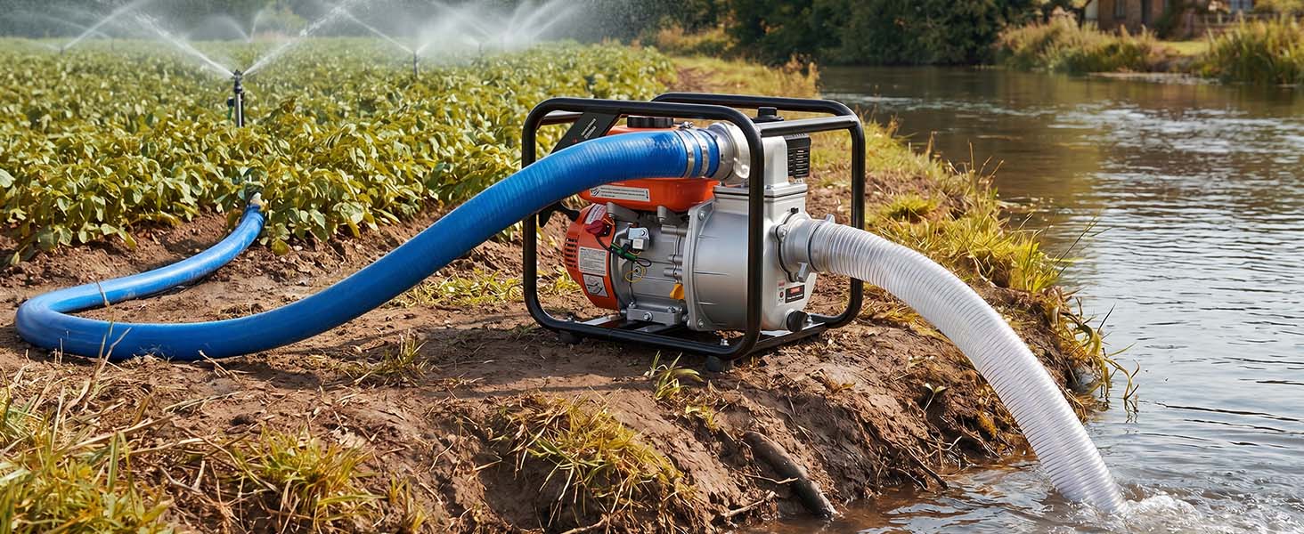 【Summerfinds】VEVOR 3-in Gas Powered Semi-Trash Water Transfer Pump, 7 HP Power, 264 GPM, Cast Iron Impeller, Heavy Duty Frame, 25 ft Discharge Hose, Anti-Vibration Pads, for Ponds, Drainage, Floodwater
