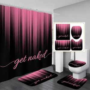 4 count Pink and Black Shower Curtain Set Get Naked Ombre Girls Women 60Wx72L Curtains Decor with Non-Slip Rugs, Toilet Lid Cover and Bath Mat Bathroom Accessorie Home Bathtub Set, Gradient