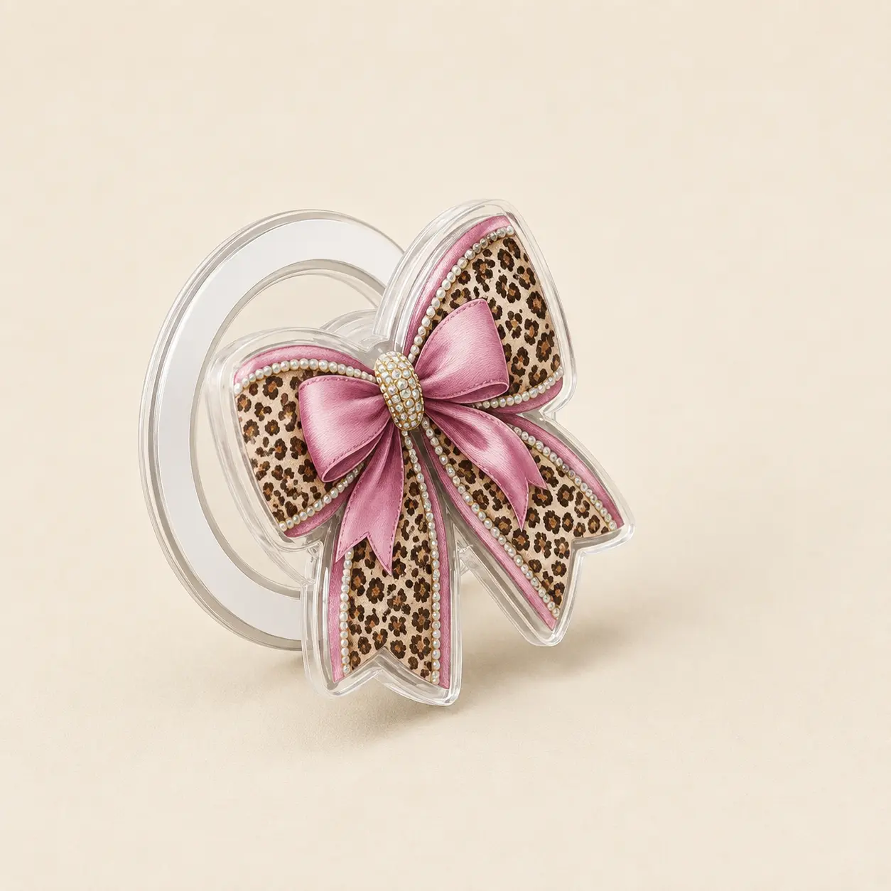 Leopard Print Bow Magnetic Phone Grip, Pink Coquette Acrylic Phone Stand, Chic Phone Holder, Feminine Everyday Accessory
