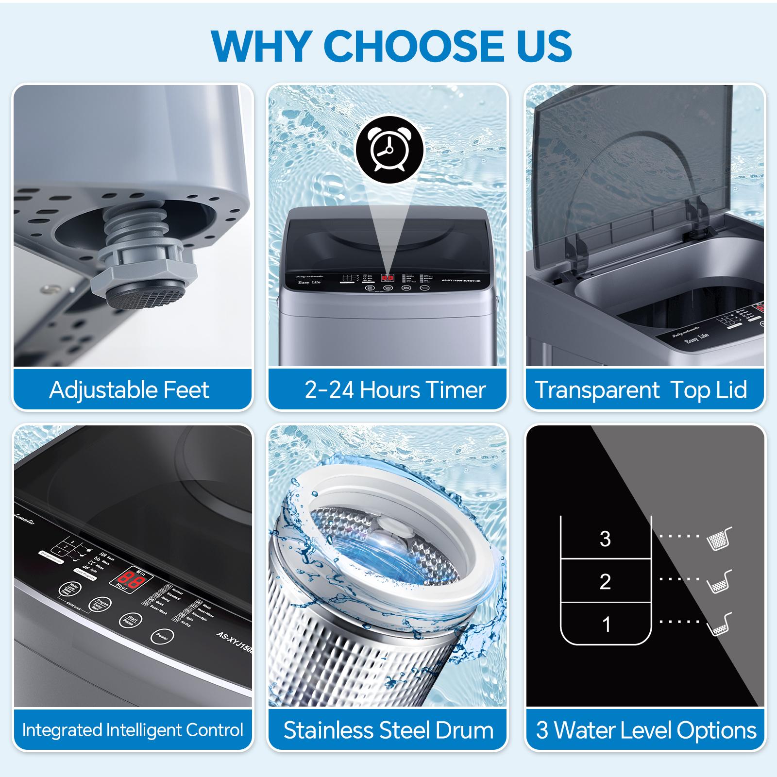 Washing Machine Portable Compact 7.7lbs Capacity Full-Automatic W/Drain Pump,10 programs 10 Water Level 1.34 Cu.ft Cloth Washer and Spinner Portable washing machine, 7.7 pounds, fully automatic compact model, stainless steel tub, 10 washing modes