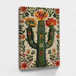 Wooden Framed Wall Art, Wrapped Canvas Vintage Prints Poster, Colorful Traditional Folk Mexican Cactus Poster, Retro Vibrant Cactus Art, Desert Cactus Flower Culture, Decorative Wall Art for Living Room Bedroom Office, Gifts Decoration Paint Water Proof