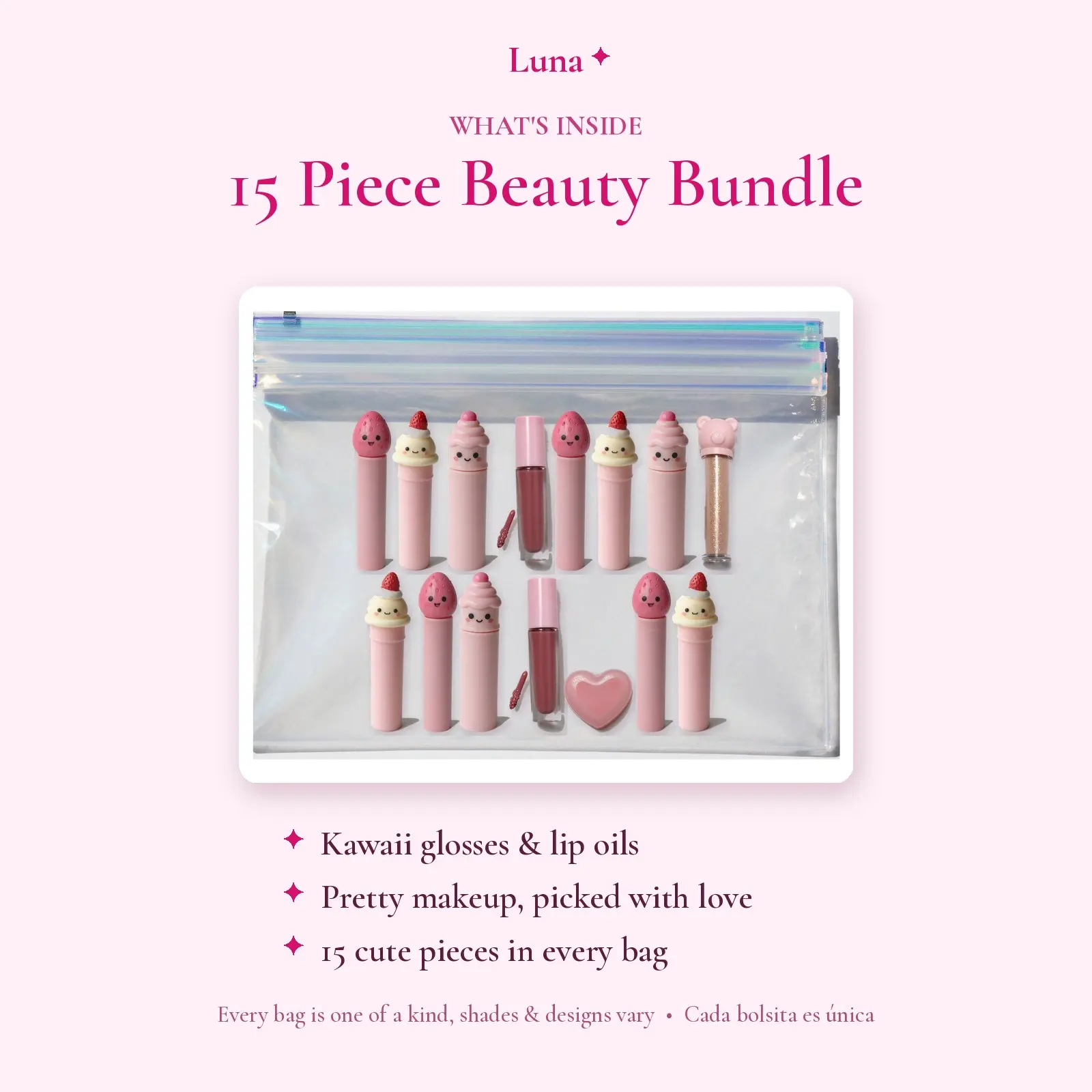 Luna Beauty Pretty Pink Bag – 15 Piece Cute Lip Gloss & Makeup Bundle, Kawaii Lip Oil Gift Set