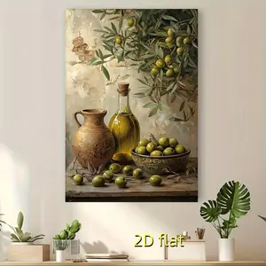 1 piece of modern olive oil and olive canvas printed wall art for living room, bedroom, bathroom, office, hallway, kitchen wall decoration, Botanical wall art, vintage wooden frame home decoration