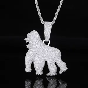 Iced Out Gorilla Pendant Necklace for Men, Bling Hip Hop Streetwear Jewelry, golden Plated CZ Animal Charm, Rapper Style Bold Statement Chain Gift