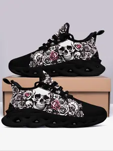Men's Fashionable Floral Skull Print Lace Up Low Top Sneakers, Casual Comfortable Breathable Sports Running Athletic Shoes, Male All-match Round Toe Shoes for Daily Wear