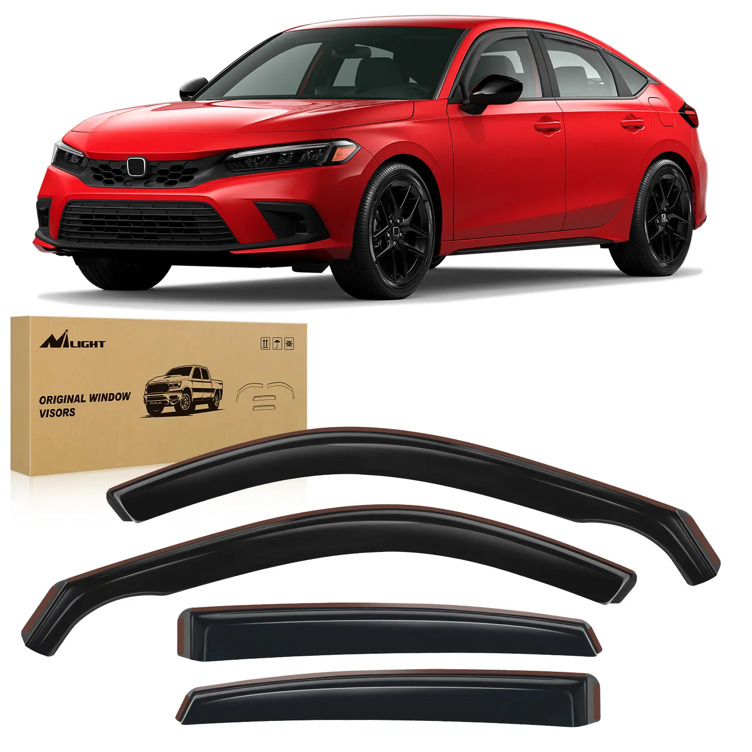 Nilight 4-Piece Tough Shatterproof In-Channel Rain Guards - Window Deflectors, Sun Visor for Honda Civic Hatchback HB LX Sport Touring EX-L 2022-2024, Black Car Exterior Accessories