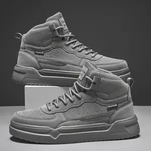 Men’s gray high-top thick-soled sneakers; suede-texture casual thick-sole skate shoes; stylish workwear boots; height-boosting, breathable, comfortable men’s street-style shoes