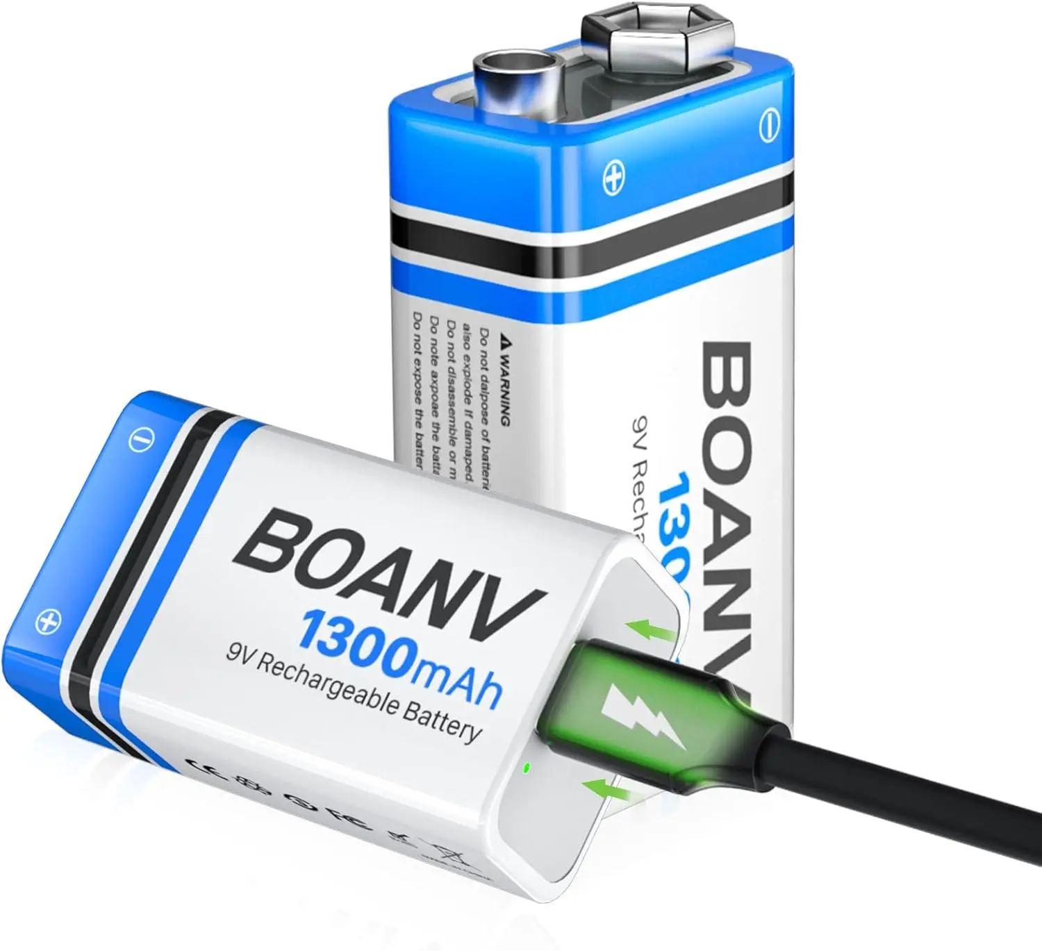 2PCS 1300mAh 9V Rechargeable Batteries, 9V Rechargeable USB Lithium Long Lasting Battery, with 2 in 1 Charging Cable, for Smoke Detectors, Alarms, Keypad, Microphone