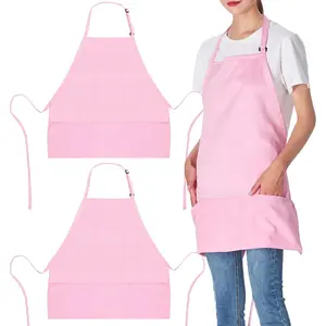 2 Pack 3 Pockets Adjustable Bib Apron Chef Kitchen Cooking Aprons for Women Men, Pink