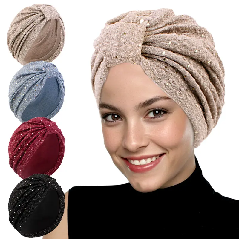 4-pack Elegant Glitter Knotted Turban Cap, Popular Stretch Shimmer Headwrap, Multi-Use Ruched Sparkle Head Scarf, wrinkle-resistant fabric & one-size fit, great for church services, spa days, special occasions and casual fashion