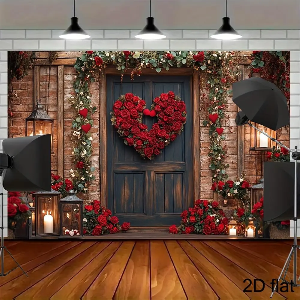 1PC Polyester Reusable Rectangle 2D Flat Vintage Brick Wall Wooden Door Backdrop Banner - Red Heart-Shaped Rose & Candle-Decorated Photo Background for Wedding Proposal, Party Decoration Supplies, Happy Birthday Events