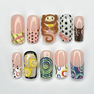 3D Monkey Press On Nails, Handmade Kawaii Nail Set with Cute Cartoon Monkey, Polka Dots, Retro Swirl Patterns, 3D Cartoon Monkey Nail Set