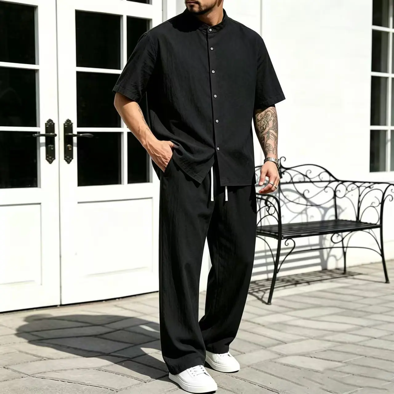New Summer Men’s Ice Silk Linen Stand Collar Two-Piece Set — Lyocell breathable, drapey short sleeves, casual two-piece set for everyday wear and leisure sports
