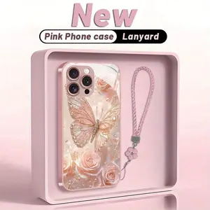High-end Fashion Trend Shiny Pink Crystal Butterfly New Lanyard Set Glass Phone Case for iPhone 17 16 15 14 13 12 11ProMax Gift for 4 Seasons trendy protective cover