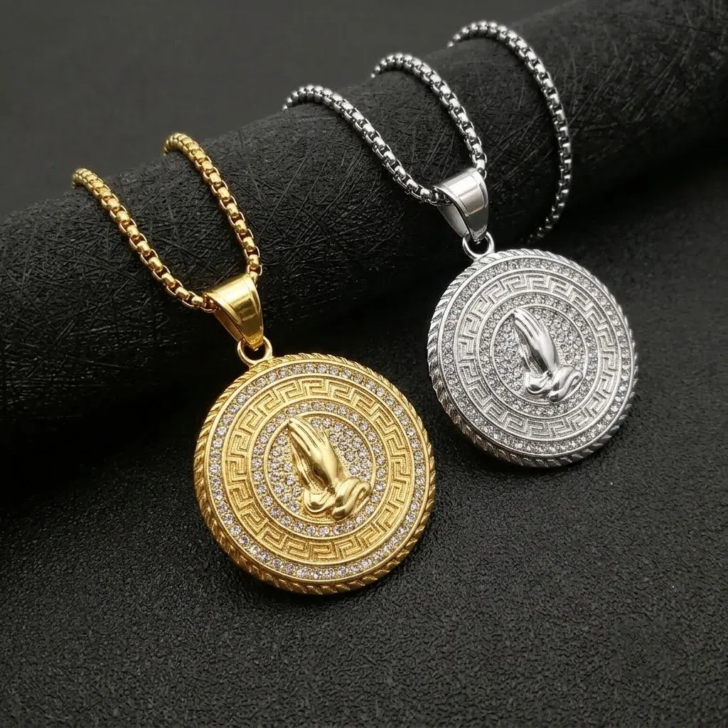 Men's Hip-Hop Necklaces, Gold Stainless Steel Praying Hands Round Coin Pendant, Iced Out Cubic Zirconia Long Party Jewelry, Titanium, Unisex