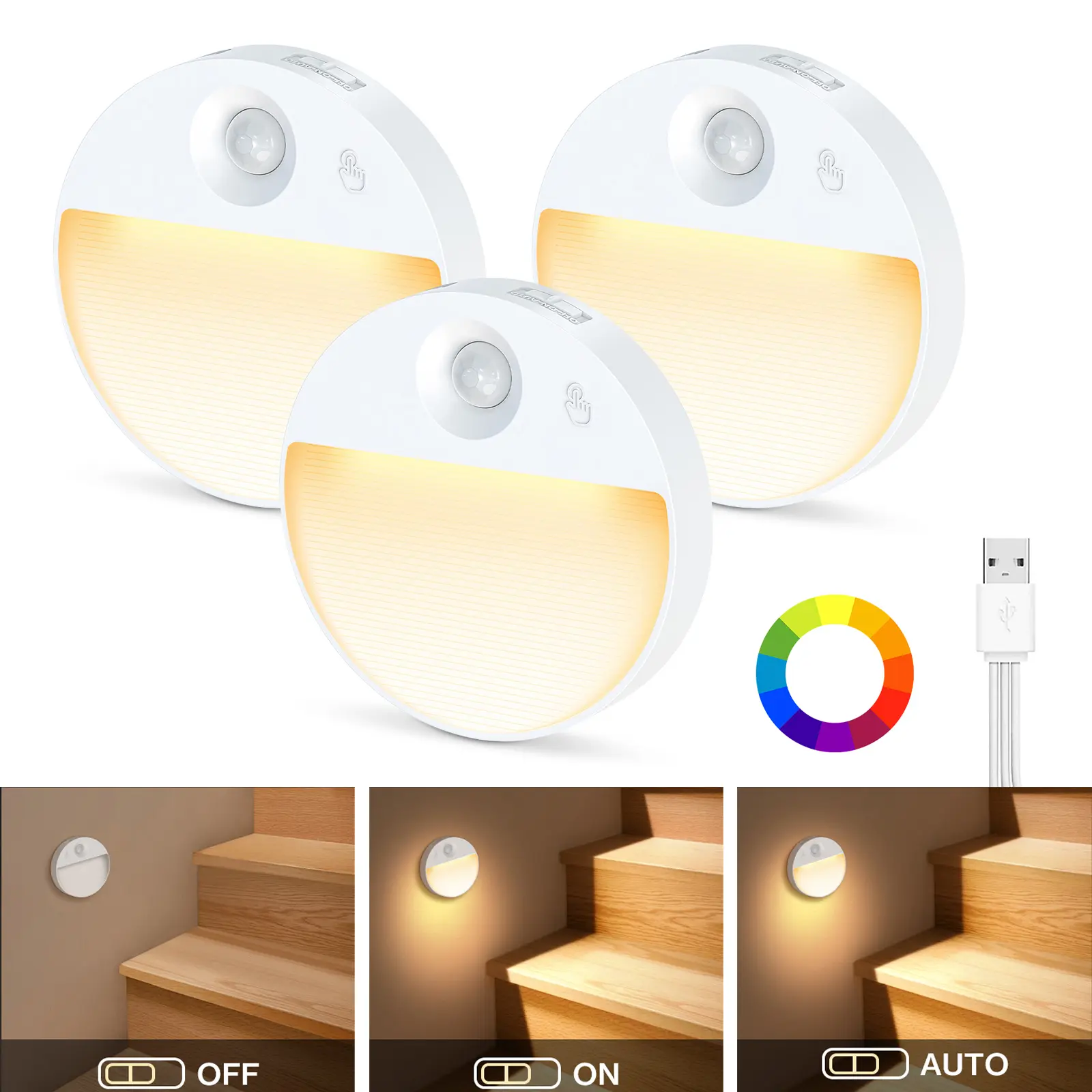 3PC Motion Sensor Night Lights, 12-Color RGB Rechargeable Wall Light, Magnetic Installation, Night Lamp, Mood Lightingfor Bedroom, Hallway, Stairs, Cabinet