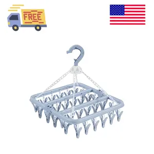 Clothes Drying Rack with 32 Clothespins, Bule Foldable Hanging Drying Racks, 360° Rotatable Hook