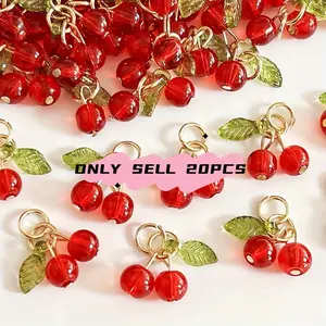 [Pack of 20 Cherry Pendant Jewelry] Pack of 20 cherry pendant fruit jewelry, red glass bead jewelry accessories, suitable for DIY necklaces, earrings, bracelets, mobile phone chains, and crafts, DIY Pendants
