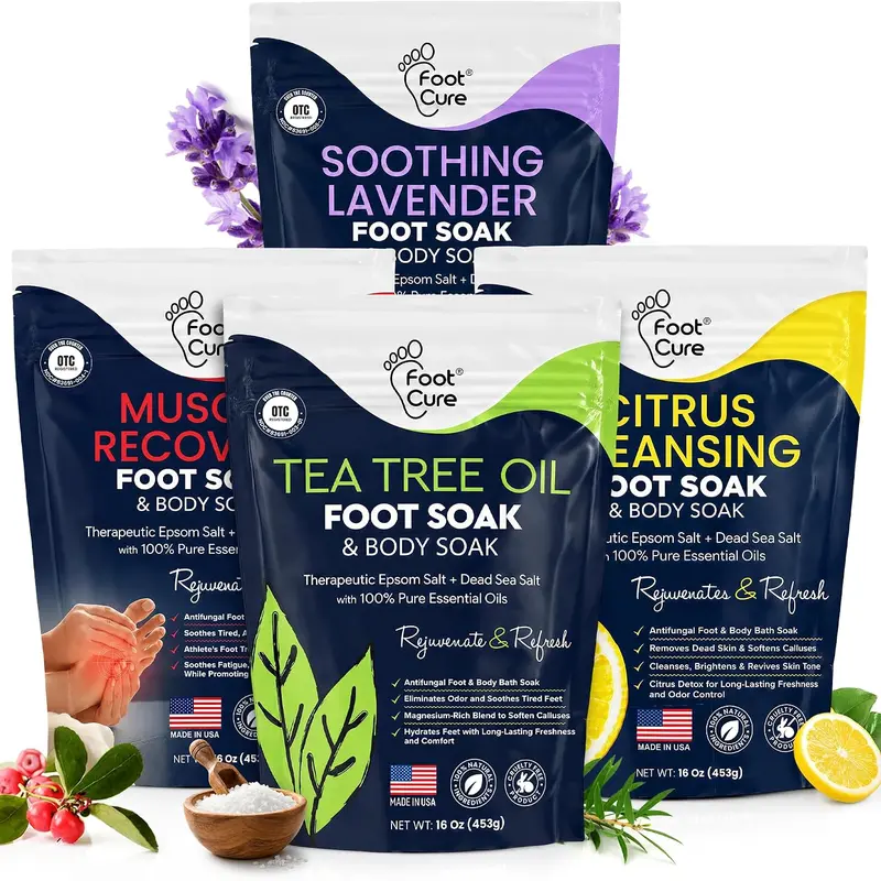 Foot Cure Foot Care Pack – Muscle Recovery, Soothing Lavender, Tea Tree Oil, Citrus Cleansing Soaks – For Tired Feet, Callus Softening, Odor Control, Spa Pedicure – Pack of 4, 16 oz Each Detox Foot Pads