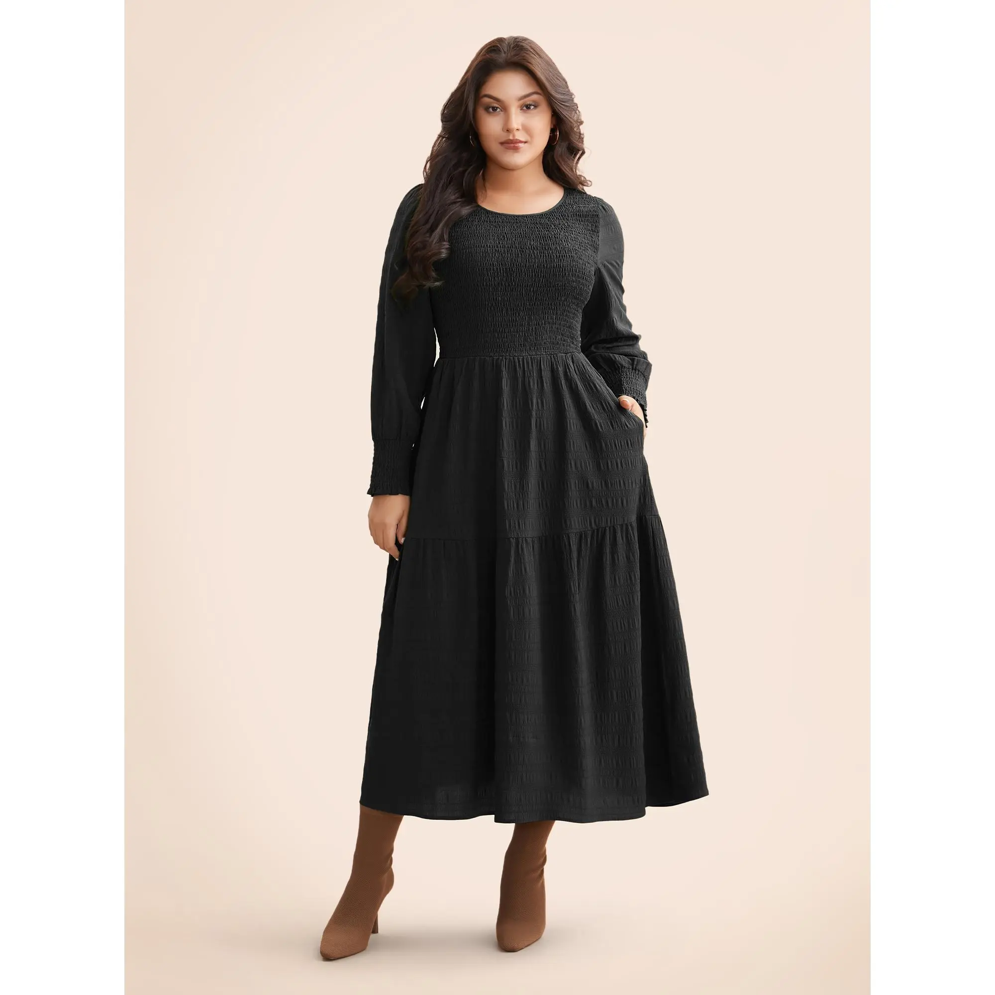 BloomChic Plus Size Lantern Sleeve Smocked Midi Dress, a Simple Textured Pullover in Breathable Fabric for Casual Everyday Wear