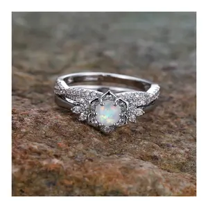 Vintage Female White Fire Opal Flower Engagement Ring Set Cute Silver Color Wedding Jewelry For Women