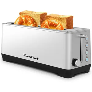 4-Slice Extra Wide Long Slot Toaster (Silver, 1350W) - Stainless Steel with Warming Rack, Removable Crumb Tray, 6 Browning Settings & Bagel/Defrost/Reheat Functions