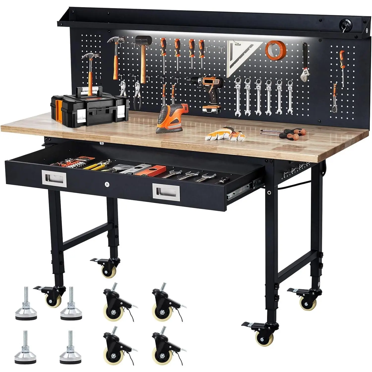 Workbench 60" x 22" Adjustable Height Worktable, Heavy Duty Rubber Wood Top, 2000 LBS Load Capacity, Tool Storage Workstation with Drawer, Pegboard, Power Outlets & Lockable Wheels, with Drawer Back