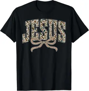 Camo Jesus Coquette Bow Camouflage God Christian Religious T-Shirt Novelty Graphic T Shirt funny tshirt Undershirts Tees Casual Streetwear Classic Plain Men's Women Cotton Moisture Wicking Short Sleeve Crew Neck