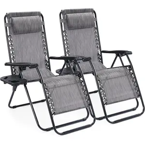 Set of 2 Zero Gravity Camping Chairs, Portable Folding Recliner Lounge Chair with Cup Holder Tray & Adjustable Pillow, Heavy Duty Outdoor Recliner for Beach, Camping, Poolside