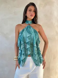 Women's Basic Elegant Apricot Multi-Layer Ruffle Trim Stand Collar Fitted Halter Tank Top