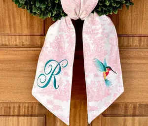 Personalized hummingbird pink toile wreath sash for front door, custom chinoiserie monogram wreath scarf, hostess gift swag, new home gift