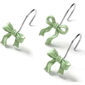 12 count Cute Bow Shower Curtain Hooks, Sage Bowknot Decorative Shower Curtain Rings, Metal Rustproof  Curtain Hooks Shower Rings for Girls  Bathroom Art Decoration Accessories