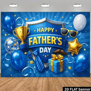 1PC,2D Flat Backdrop Father's Day Decorative Backdrop, Festival Party Photo Background Wall, Blue - themed Balloon, Trophy, Gift - element Scene Decoration Prop, Ideal for Father's Day Celebration & Party Photography