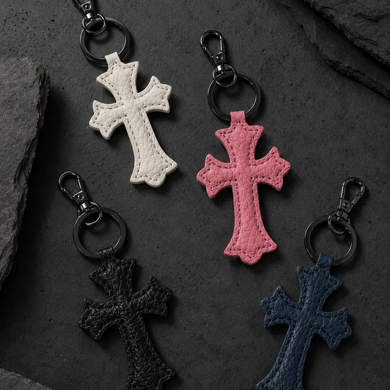 Leather Cross Keychain Unisex PU Leather Bag Charm with Silver Metal Key Ring - 11.5cm Durable Car Keychain, Cross Pendant for Backpacks, Handbags, Daily Use, Gift for Men & Women