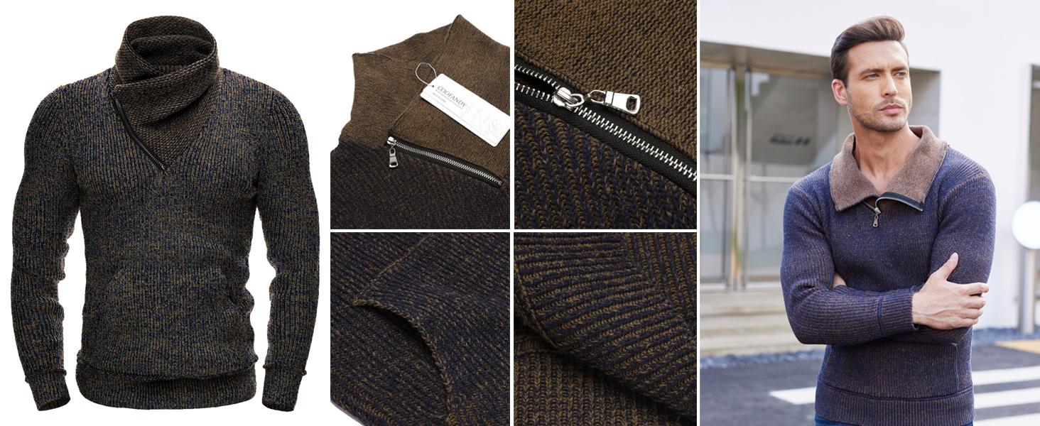 COOFANDY B Men's Knitted Turtleneck Pullover Shawl Collar Sweaters Slim Fit High Neck Hoodies with Pockets