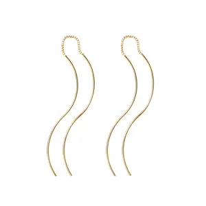 PAVOI 14K Gold Plated 925 Sterling Silver Post Threader Earrings for Women - Minimalist Gold Chain Earrings Double Piercings - Dangle Twist Wavy