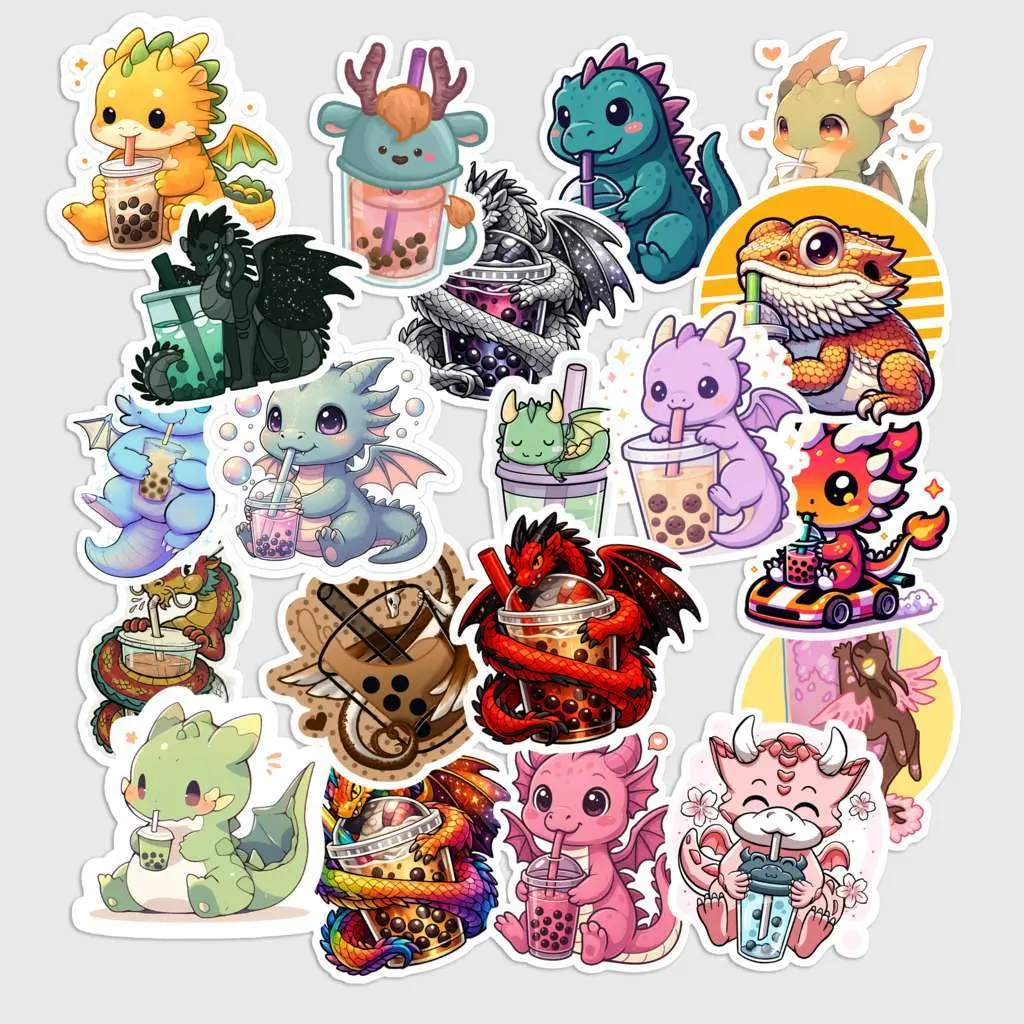 20 Pcs Dragon Boba Stickers Pack - Cute Aesthetic Kawaii Mythical Creature Decals, Waterproof Vinyl Funny Dragon Bubble Tea Stickers for Laptop, Water Bottle - Boba Lover Gift