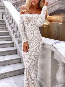 Women's Sequins Embroidered One Shoulder Evening Dress, Elegant Sleeveless Bodycon Dress for Party Banquet, Ladies Summer Clothes